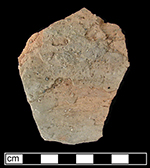 Damaged and split hollow vessel fragment showing gravel temper. Damaged vessel interior (left), undamaged exterior surface (middle), close-up of damage (right).